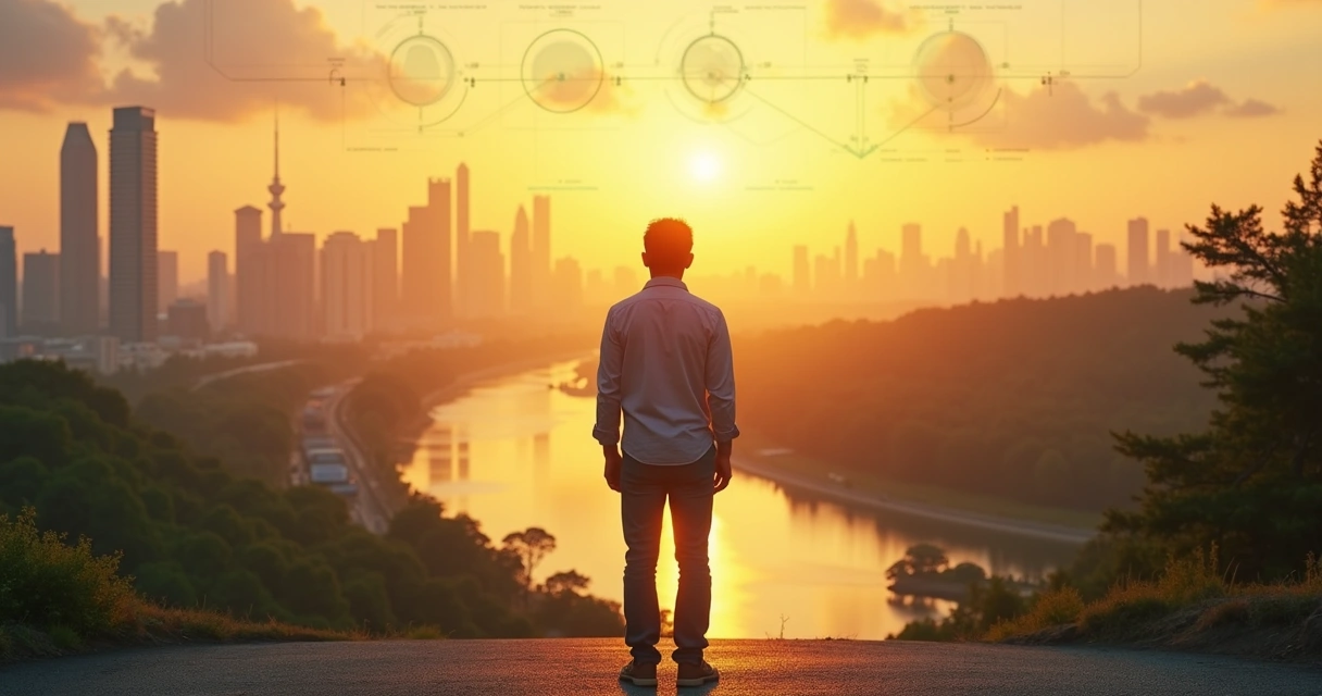 Pessoa em pé em uma encruzilhada observando cidade e natureza equilibradas ao fundo 