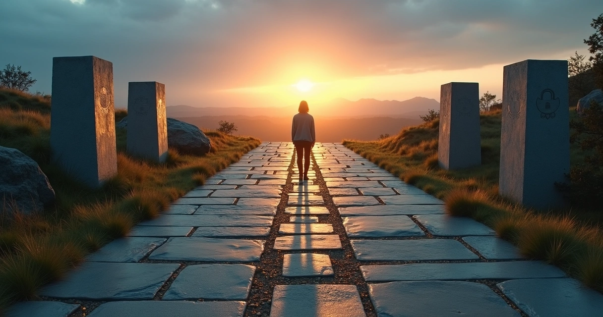 Pessoa em encruzilhada entre caminho rígido e caminho fluido com luz ao fundo 