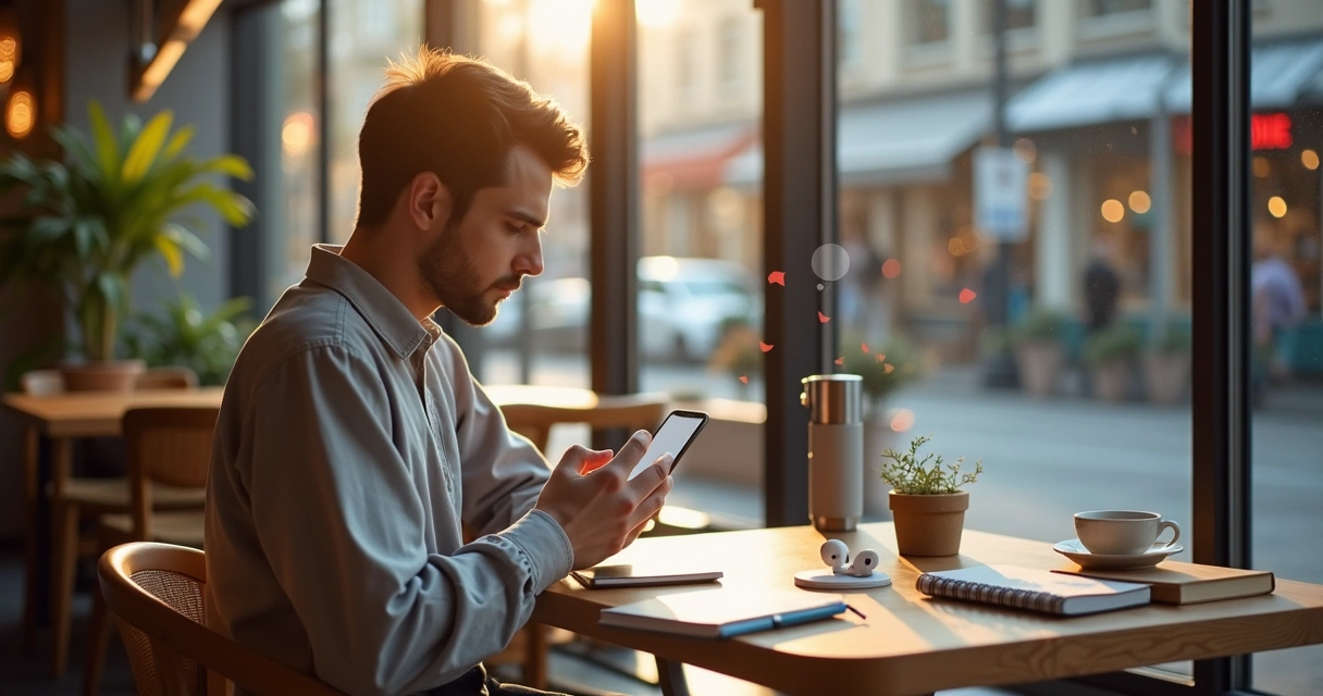 Pessoa em cafeteria usando smartphone entre objetos digitais e naturais equilibrados na mesa 