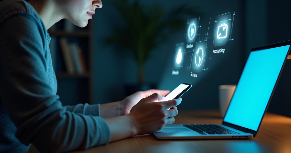 Pessoa usando smartphone à noite com ícones digitais e símbolo de consciência ética 