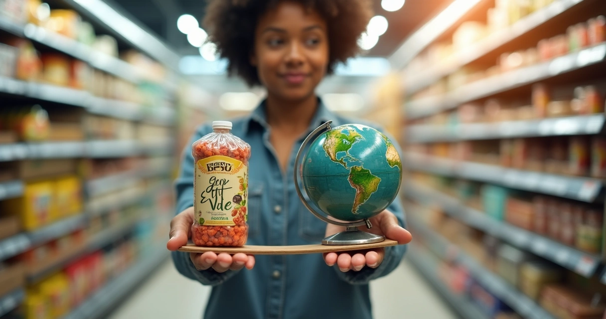 Pessoa escolhendo produtos sustentáveis em supermercado com balança entre lucro e planeta 