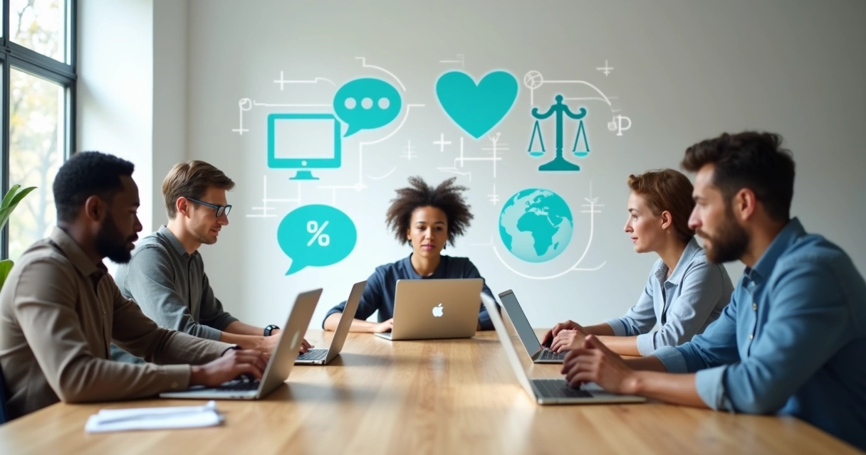 Grupo diverso usando dispositivos conectados com ícones digitais éticos ao fundo 