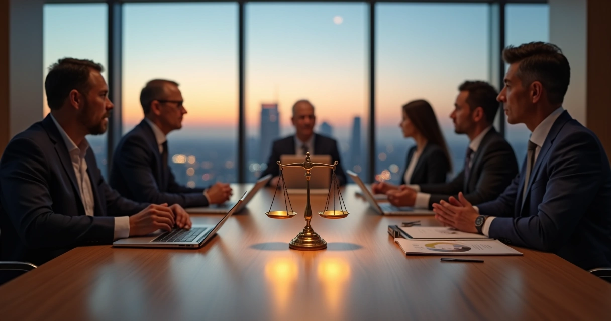 Executivos em reunião estratégica com símbolo de balança representando ética no centro da mesa 