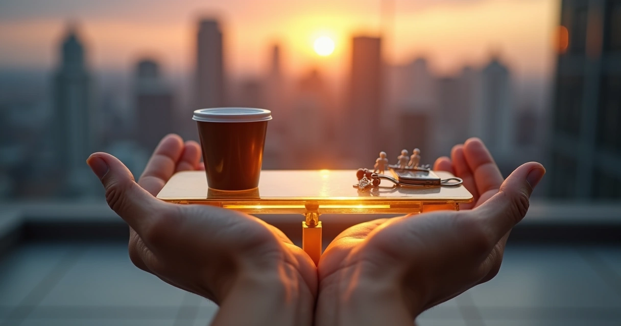 Manos sosteniendo una balanza luminosa sobre una ciudad al atardecer 