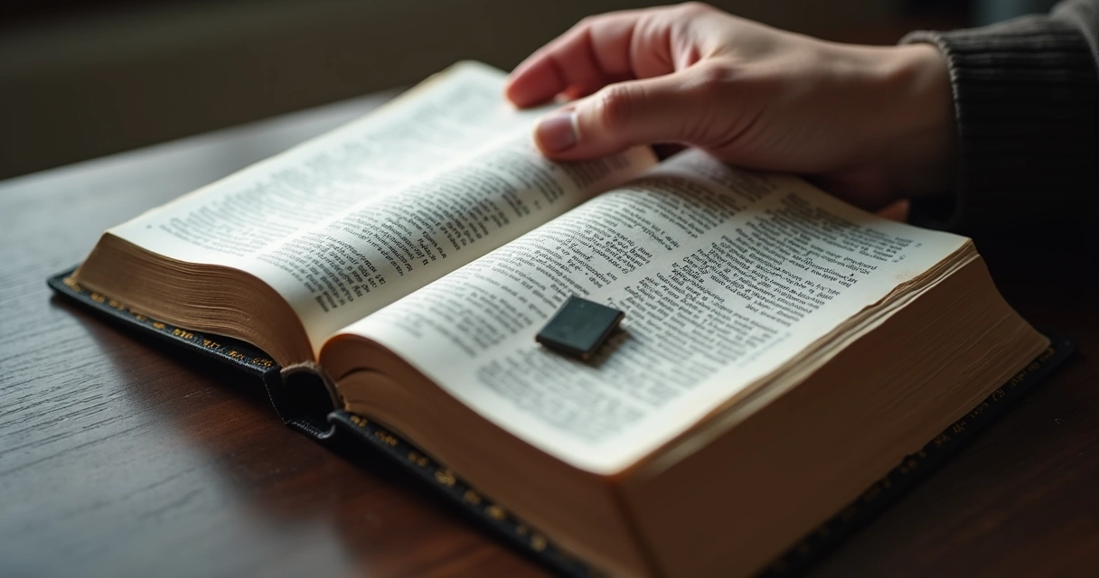 Mão sobre Bíblia e chip de computador representando ética cristã 