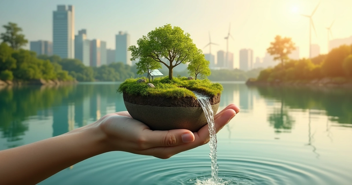 Mão humana segurando pequena floresta sobre água limpa e cidade ao fundo 