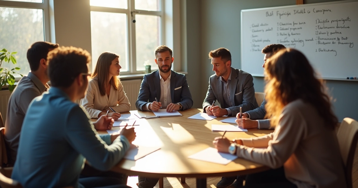 Grupo de pessoas discutindo em círculo em sala iluminada, papel e canetas sobre mesa 
