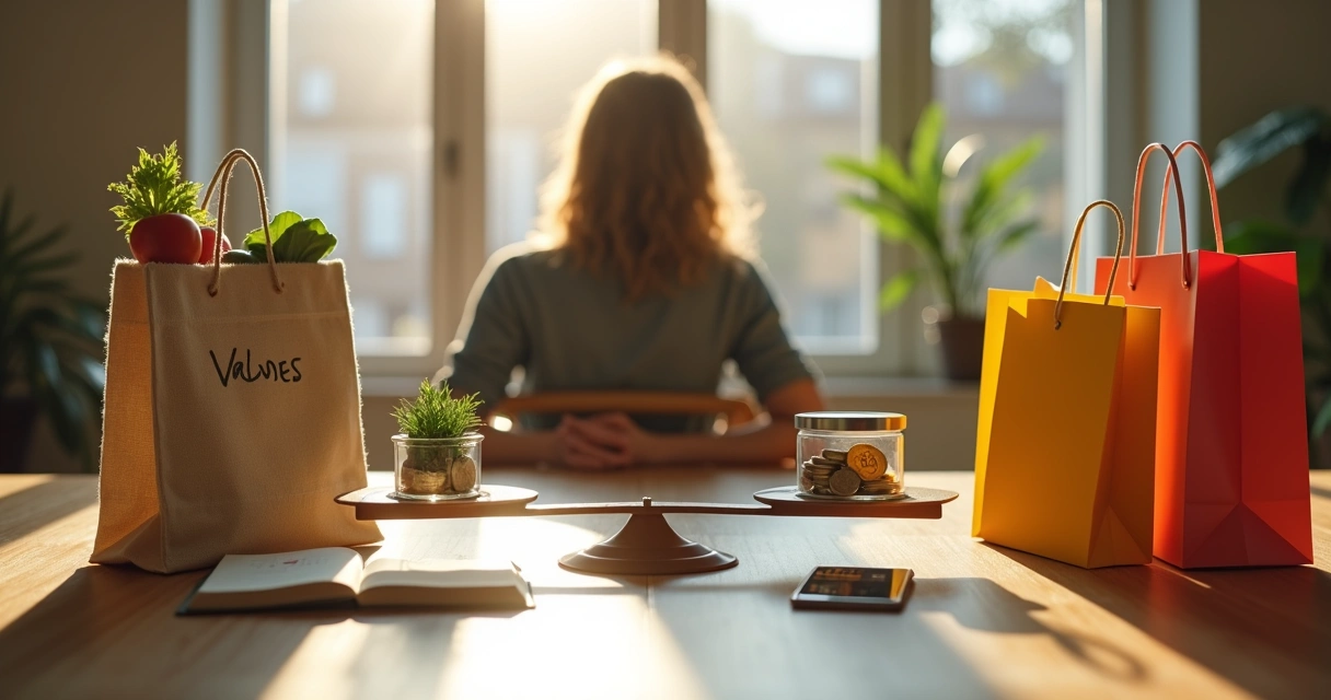 Persona eligiendo entre opciones de consumo con una balanza ética y financiera 