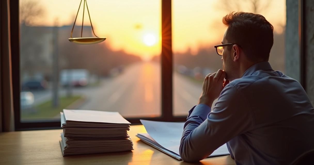 Pessoa refletindo diante de uma encruzilhada com balança de justiça ao fundo 
