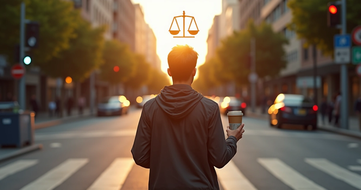 Pessoa refletindo sobre escolhas éticas em um cruzamento de caminhos 