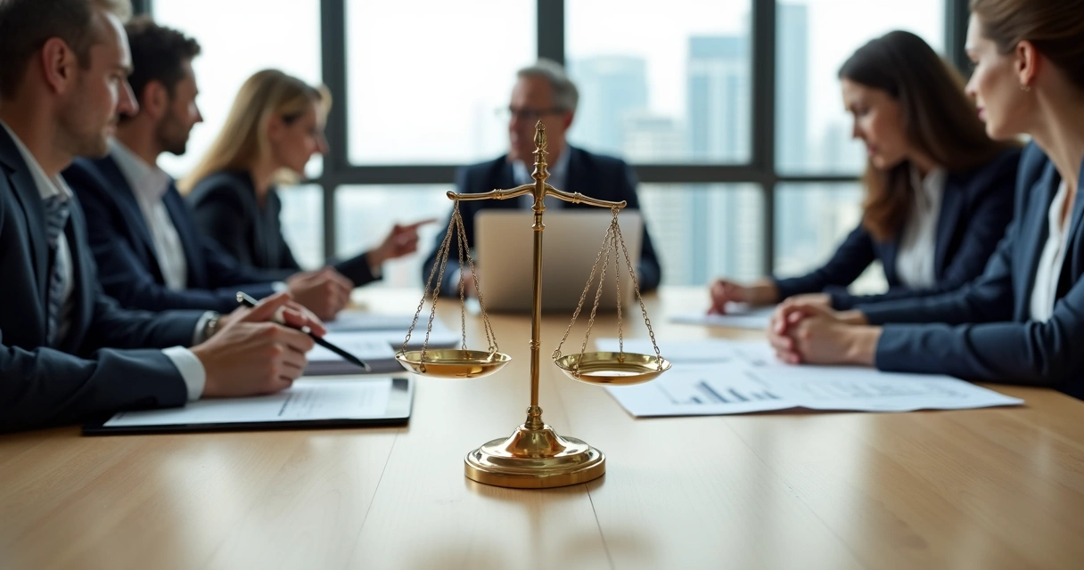 Executivos em reunião avaliando decisões com símbolo de balança de justiça sobre a mesa 