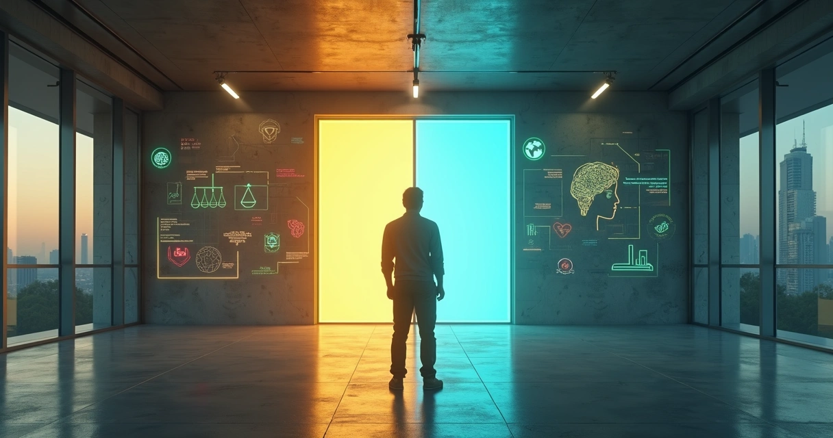 Pessoa diante de duas portas luminosas simbolizando escolhas éticas complexas 