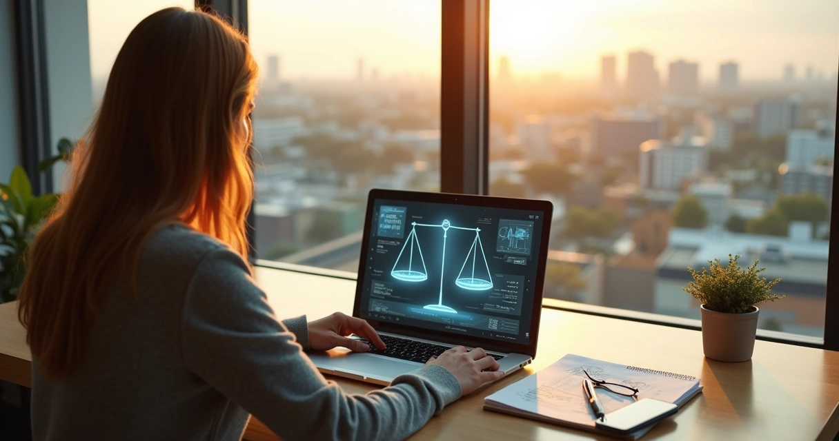Profissional analisando decisão ética com cidade futurista ao fundo 