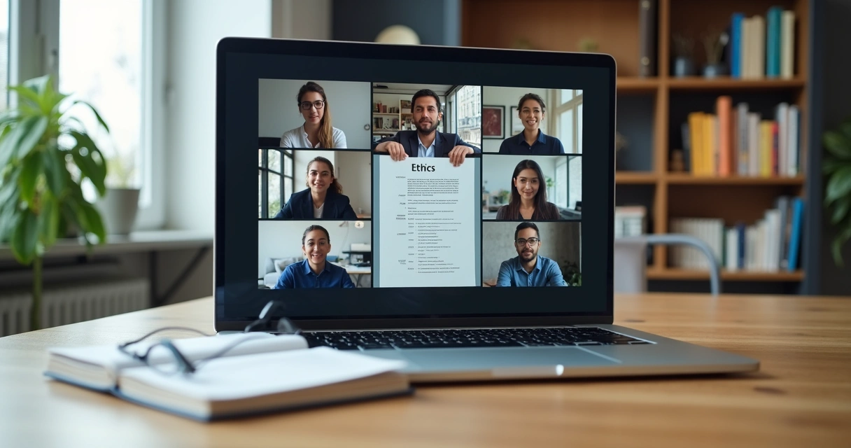 Equipe remota em videoconferência tomando decisão de forma ética e colaborativa 