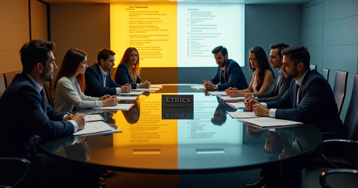 Equipe em reunião misturando luzes douradas e sombras em torno de uma mesa redonda 