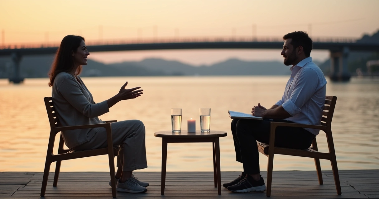 Dos personas dialogando en un muelle al atardecer con un puente al fondo 