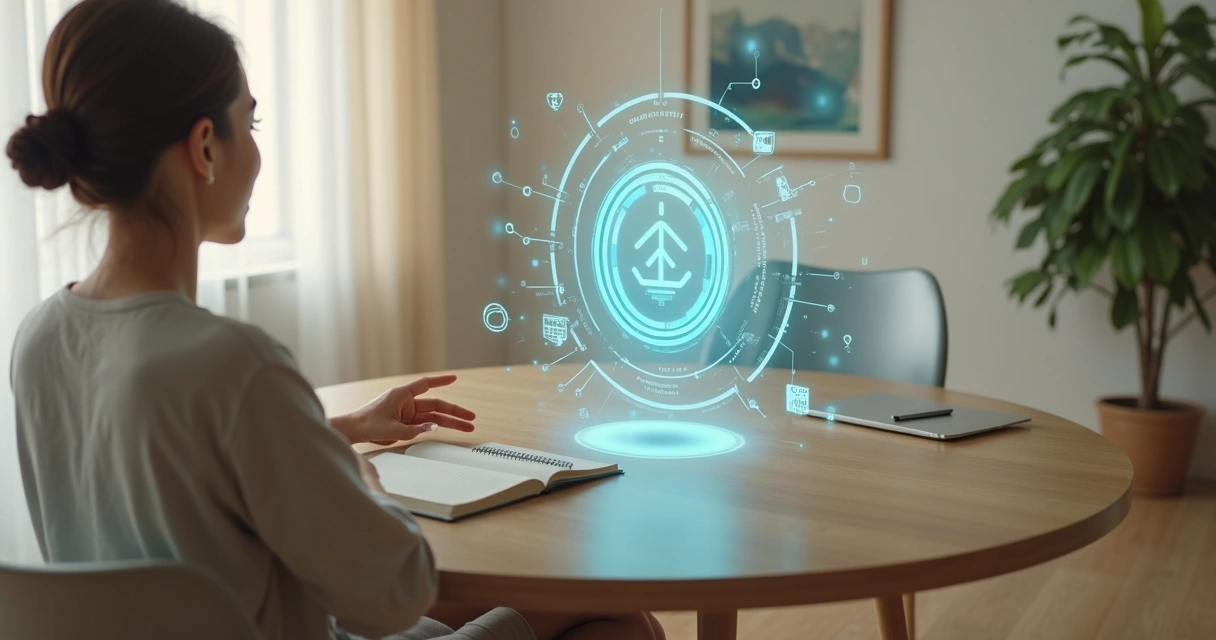 Pessoa em mesa redonda tocando holograma de inteligência artificial em ambiente claro 