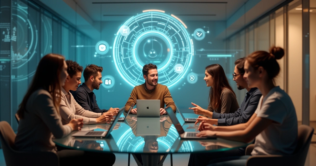 Grupo diverso em mesa redonda cercado por hologramas de ícones digitais éticos 