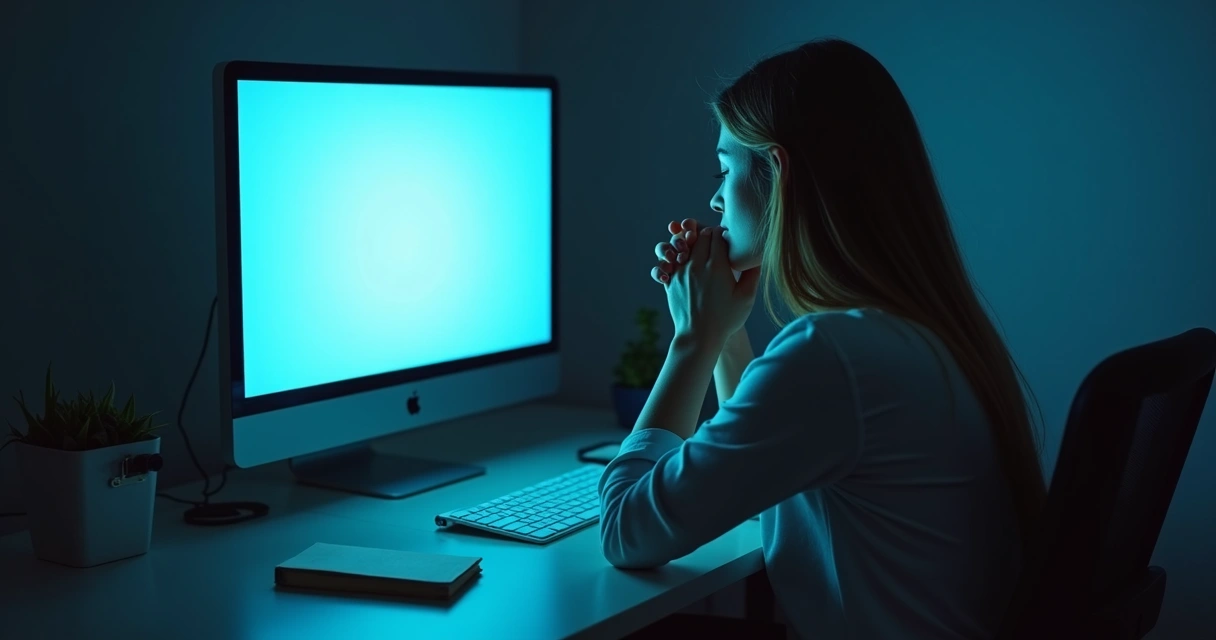 Pessoa usando computador, refletindo em frente a tela azul escura com luz suave 