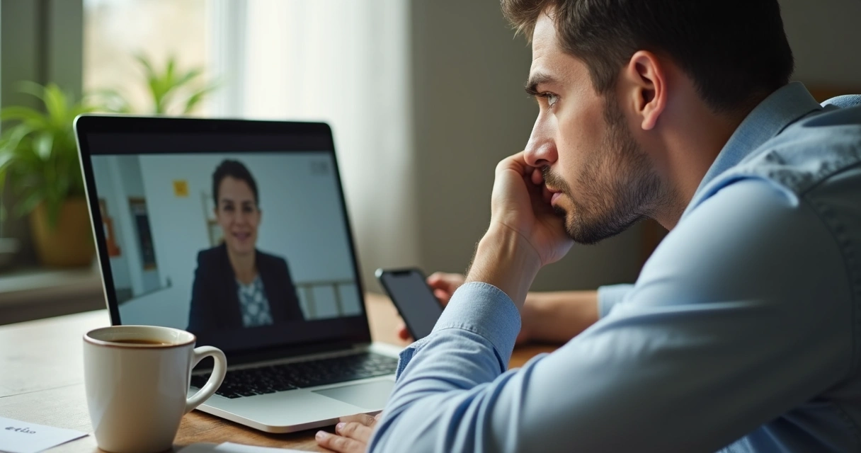 Pessoa avaliando dilemas éticos em ambiente de videoconferência 