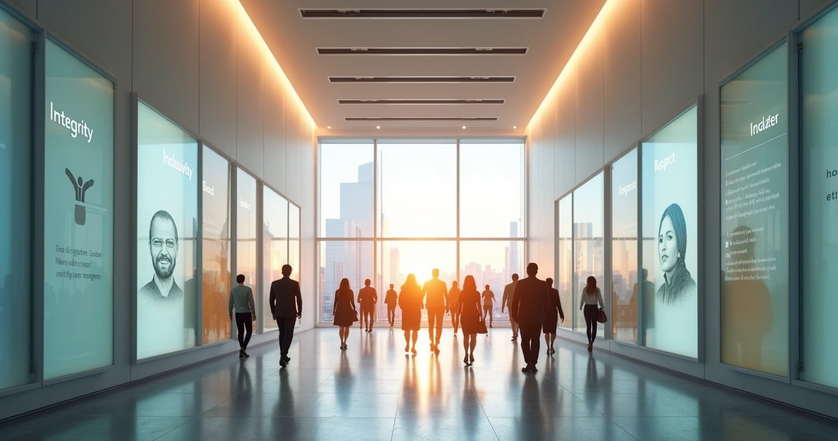 Túnel de entrada corporativo com painéis de diversidade iluminados e pessoas caminhando 