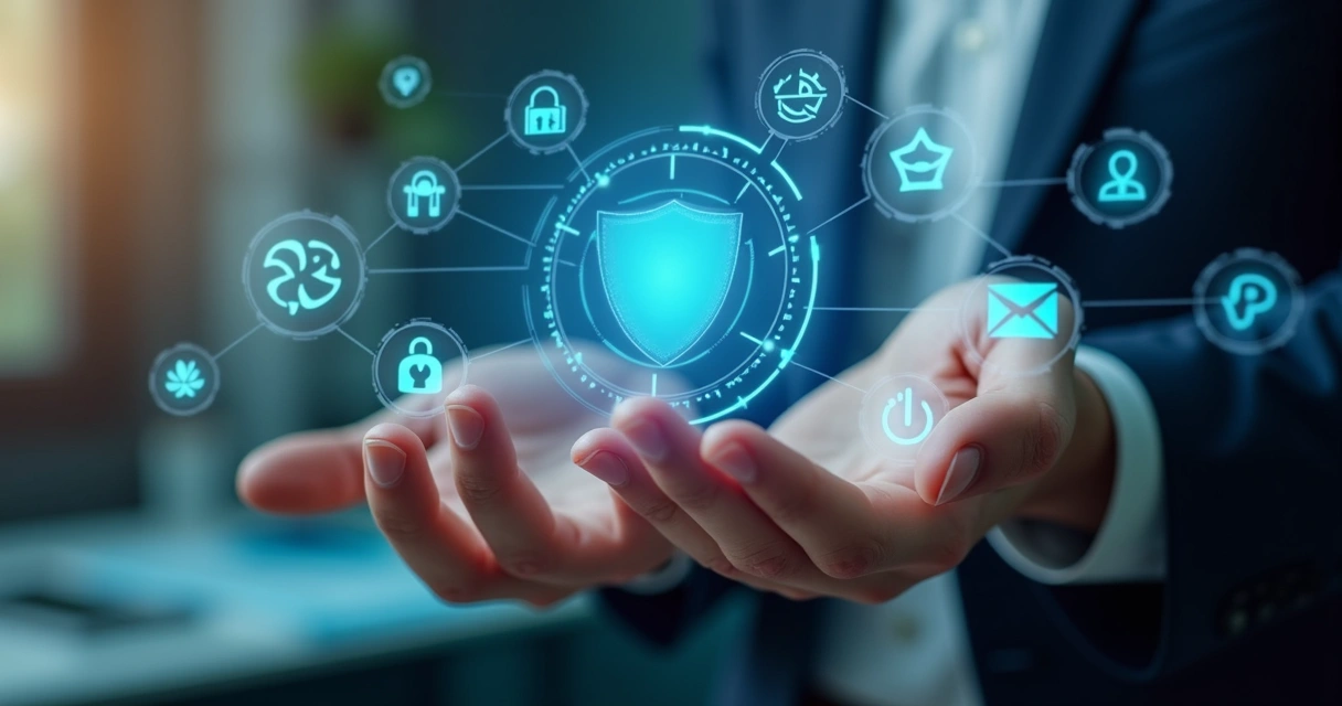 Mãos diante de interface digital com ícones de ética e dados