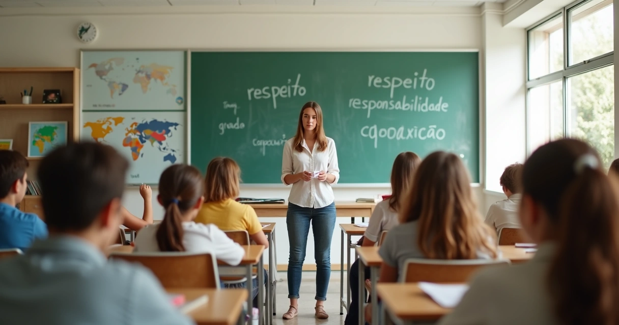 Professora em sala de aula guiando conversa ética com alunos em círculo 