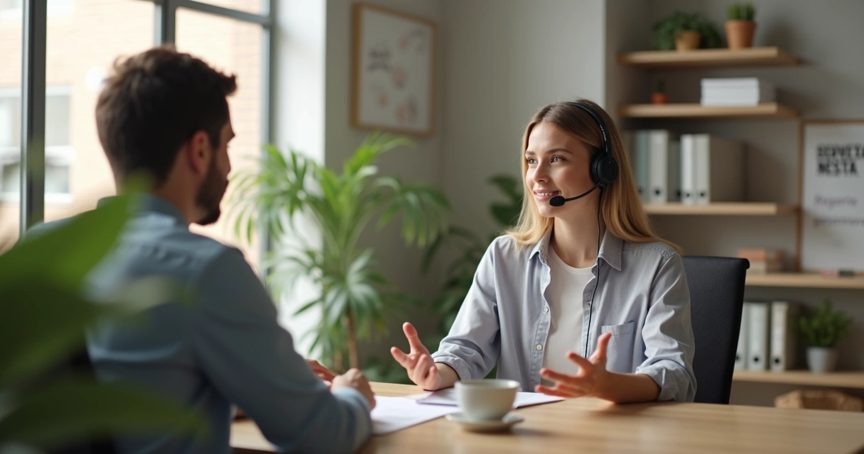 Atendente acolhendo cliente em ambiente de suporte profissional e calmo 
