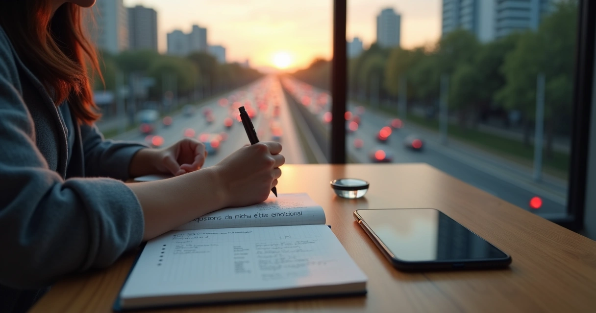 Profissional escrevendo em caderno diante de janelas com paisagem dividida entre caos e calma 