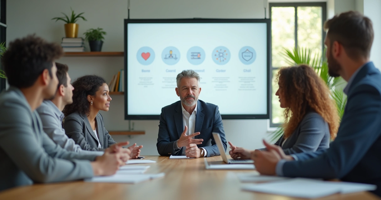 Líder e equipe ao redor de mesa de reunião com atmosfera de confiança 