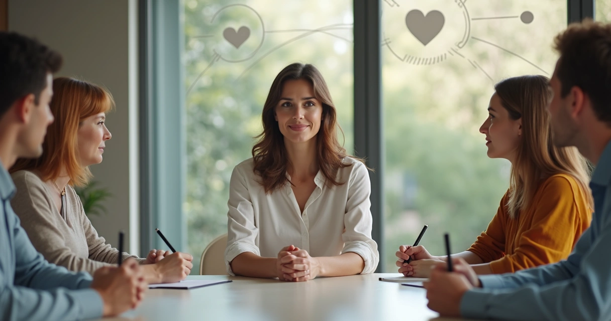 Pessoa em reunião guiando o grupo com postura calma e responsável 