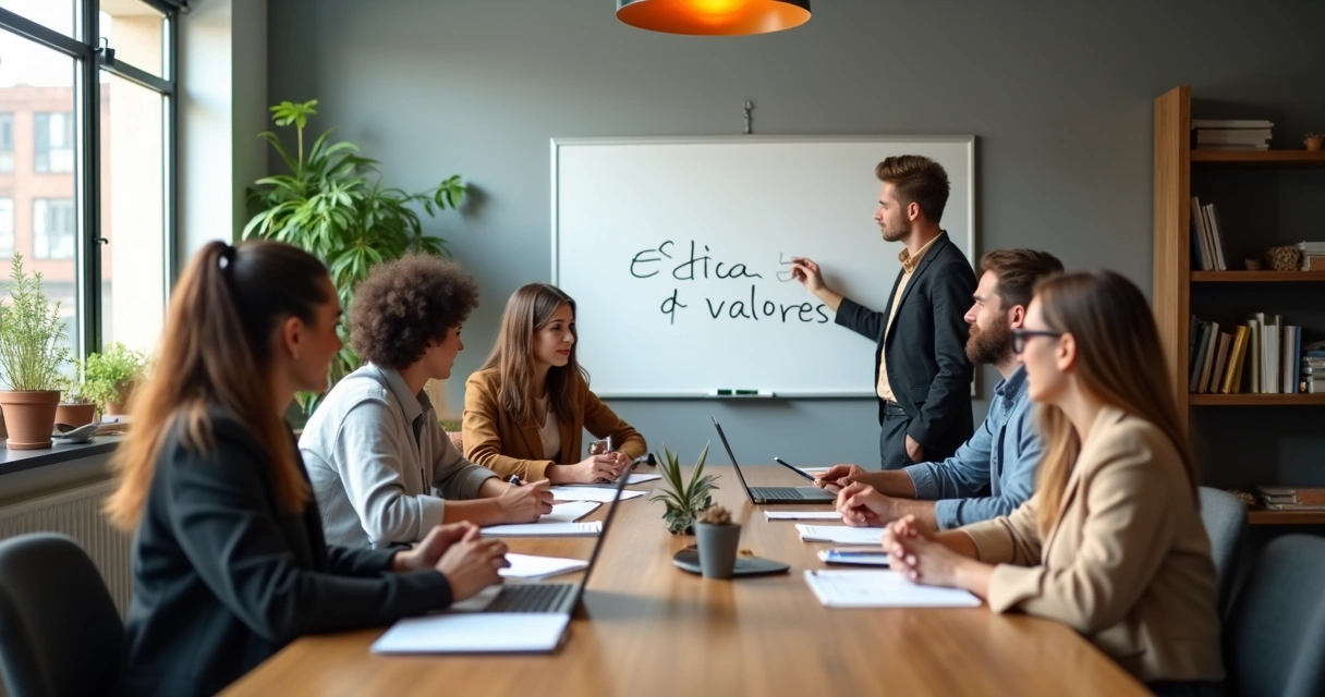 Persona anotando códigos de ética en una reunión de trabajo 