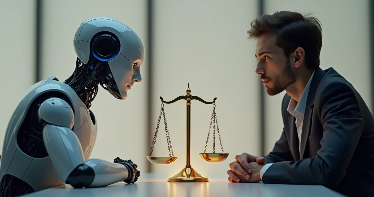 Robot y persona debatiendo delante de una balanza 