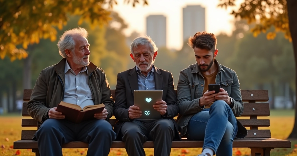 Conversas entre gerações sentadas em banco de parque ao pôr do sol 