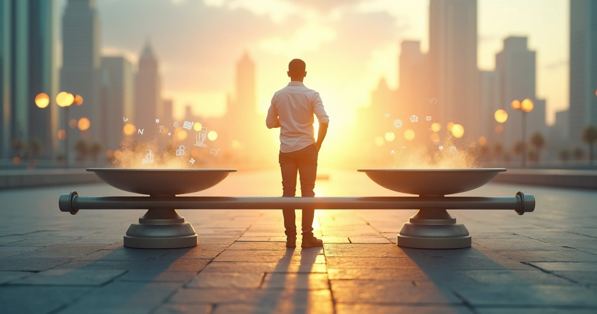 Pessoa escolhendo caminho entre dois lados em balança simbolizando ética nas decisões diárias 