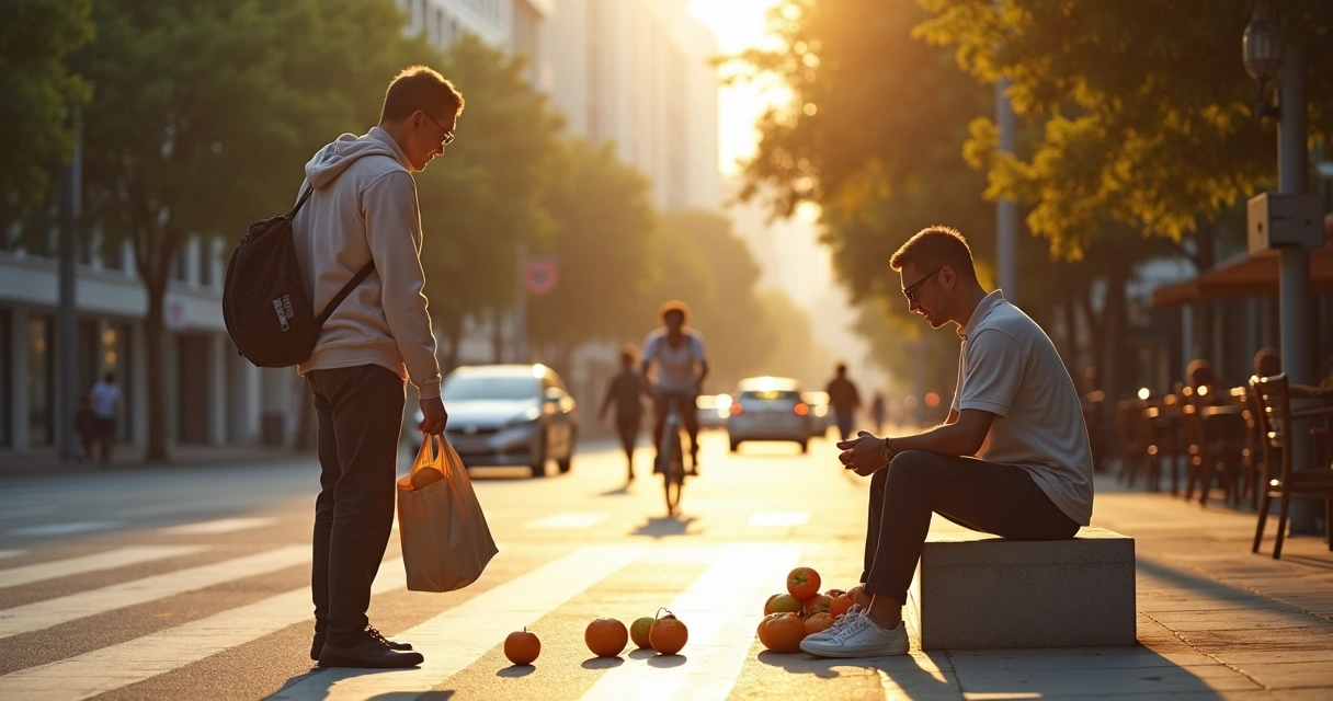 Persona caminando por la ciudad eligiendo ayudar espontáneamente a otra en la calle 