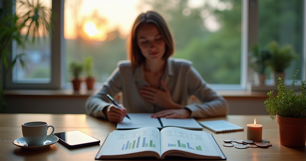 Pessoa refletindo sobre finanças com caderno, dinheiro e natureza ao fundo 