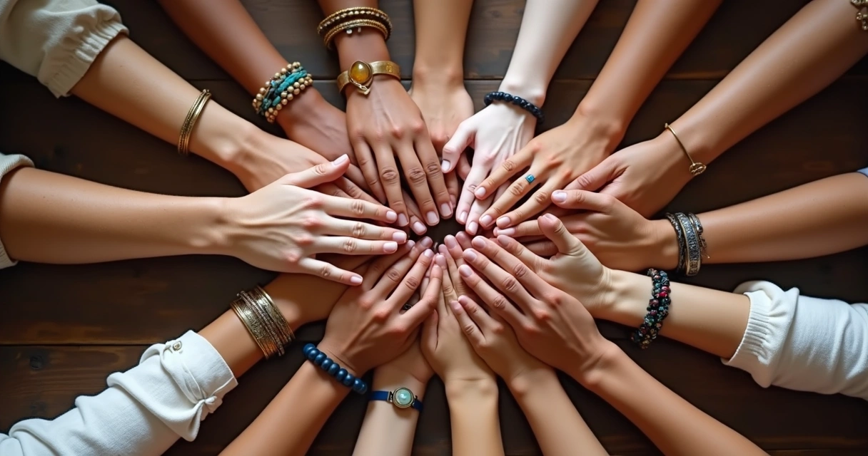 Diversas pessoas de diferentes nacionalidades dando as mãos em círculo, demonstrando união 