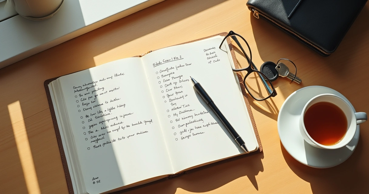 Caderno de anotações aberto mostrando lista de decisões diárias 