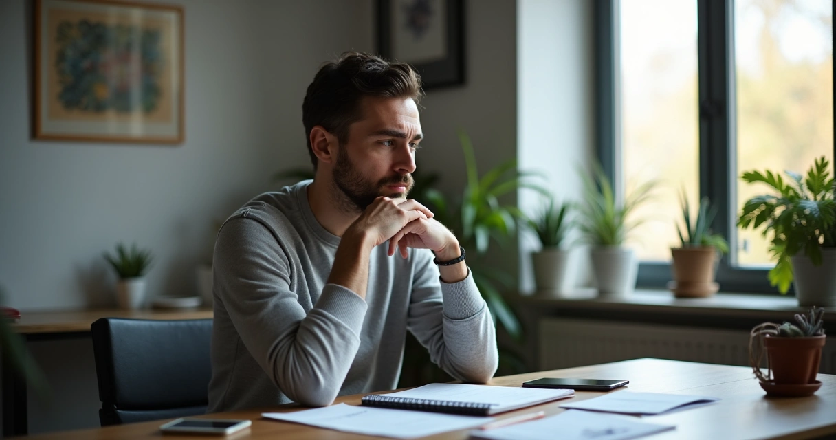 Colaborador pensativo diante de notebook no home office 