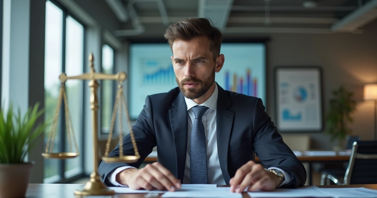 Empresário analisando dados de IA com símbolo de ética 