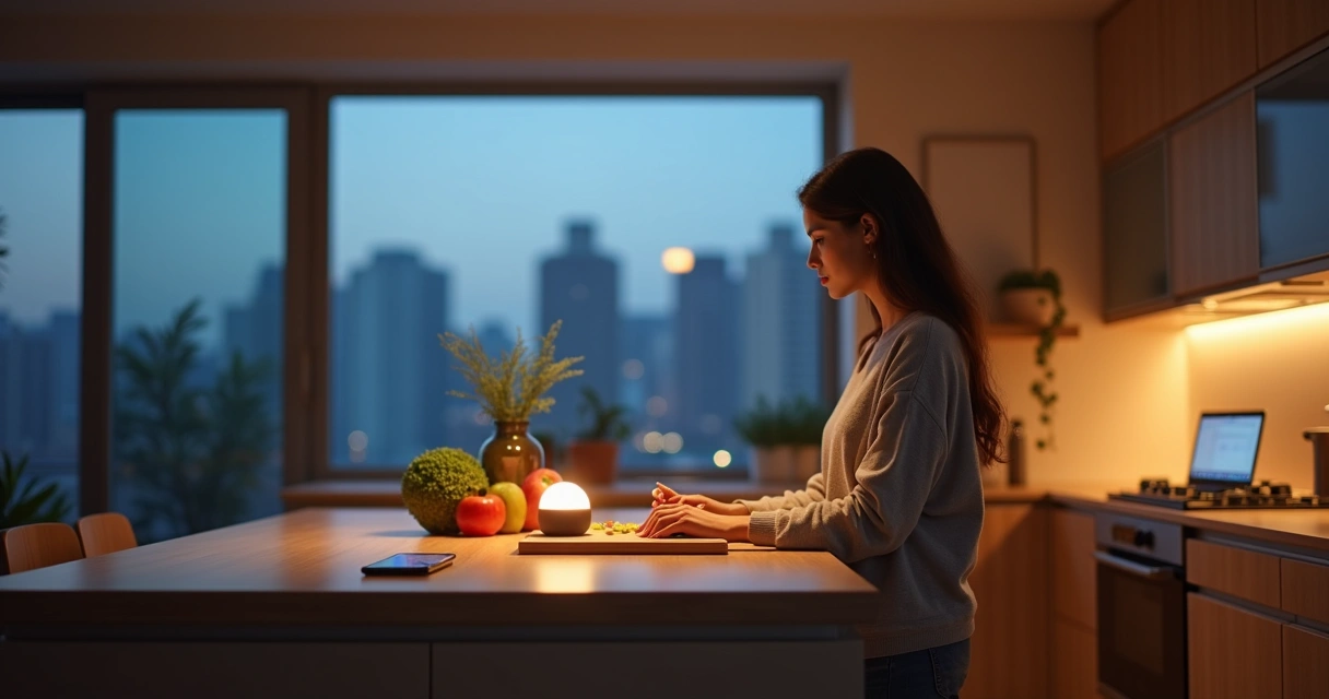 Persona en una cocina observando un asistente de voz con un pequeño símbolo de equilibrio iluminado 