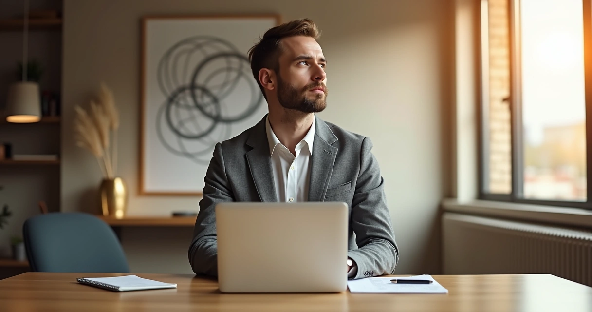 Profissional em mesa de trabalho com luz dividida entre sombras e claridade 