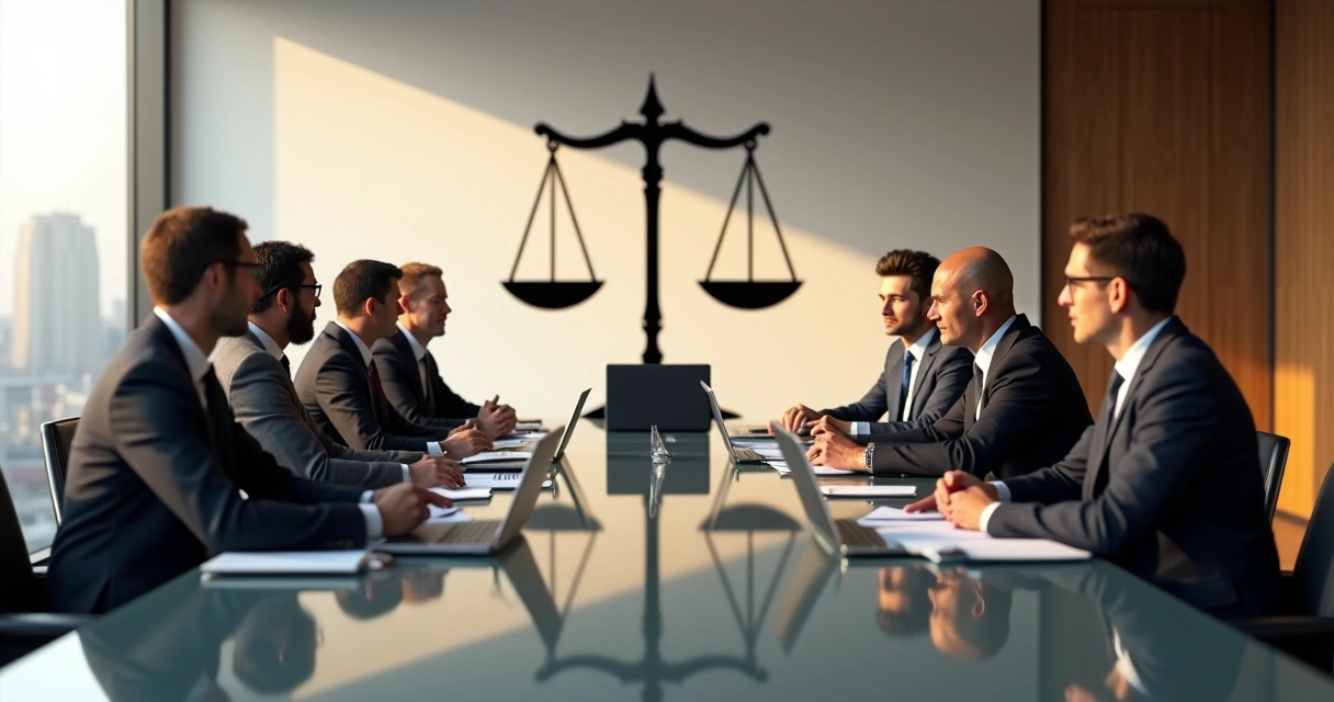 Executivos em sala de reunião com sombra projetando balança de ética 