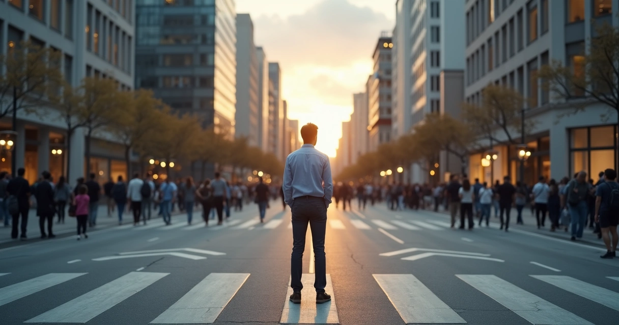 Pessoa em encruzilhada entre caminho individual e coletivo 