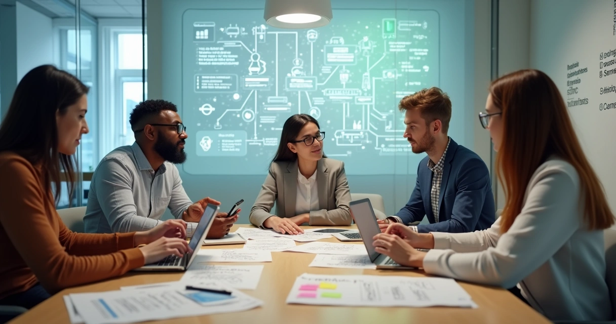 Executivos analisando protótipos de produto com ícones de tecnologia e justiça equilibrados 