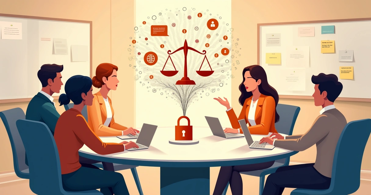 Grupos de pessoas em uma mesa redonda discutindo ética em inteligência artificial 