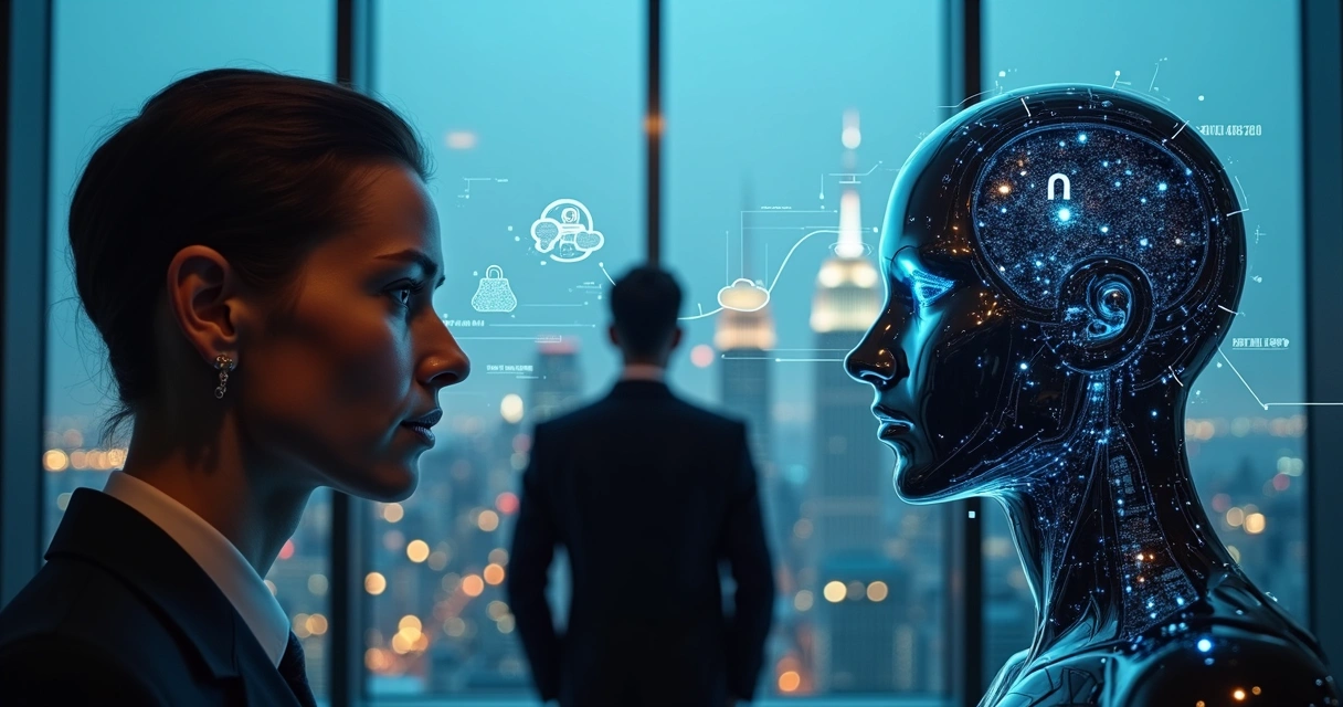 Executivo observando rosto humano e rosto de IA conectados por códigos digitais 