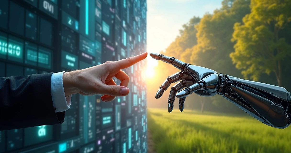 Mão humana tocando mão robótica diante de cidade digital dividida entre tecnologia e natureza 