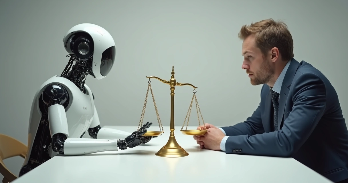 Robô e pessoa olhando para uma balança dourada de justiça lado a lado 